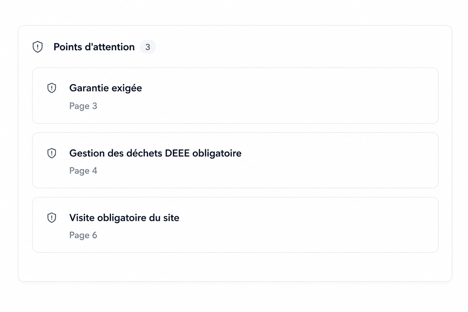 Liste des points d'attention avec pages sources